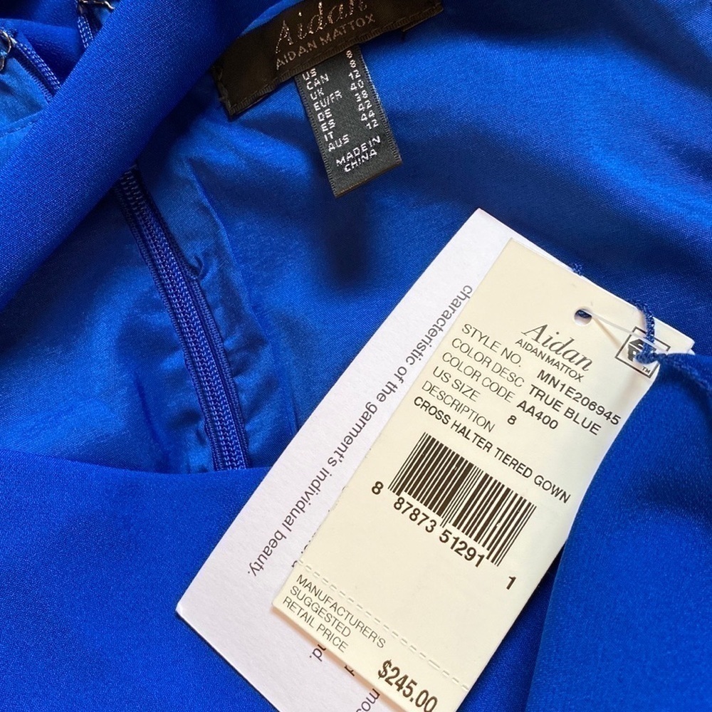 AIDAN BY AIDAN MATTOX Crossover Halter Cutout Tiered Chiffon Gown in True Blue - Picture 3 of 3